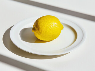 A single bright yellow lemon centered on a clean white plate with soft directional light