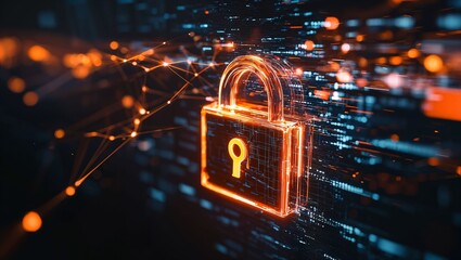 Illuminated digital padlock on a dark background represents cybersecurity and data protection, symbolizing the need for secure networks and innovative technology solutions today.