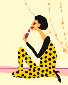 Cartoon woman sitting on the floor applying lipstick in a colorful illustration
