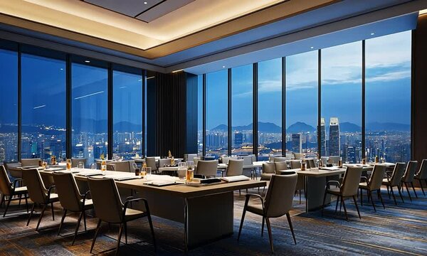 Modern high-rise conference room with city skyline view at dusk.