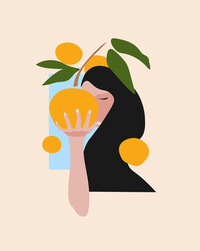 Minimal illustration of a woman with long hair holding an orange fruit