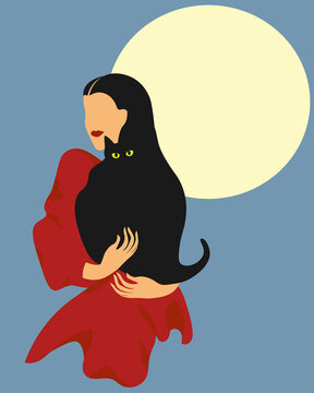 Illustration of a woman holding a black cat against a big moon in minimal style
