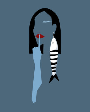 Silhouette of woman with fish-shaped earring in minimal style