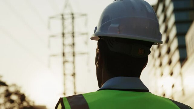 Man engineer in reflective vest puts on headwear looking away. Male worker in protective gear secures hard hat ensuring safety protocols followed in high-risk environments