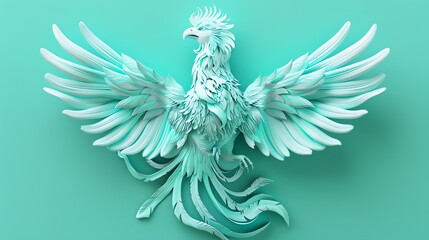 A 3D rendering of a white phoenix bird with its wings spread, on a teal background.