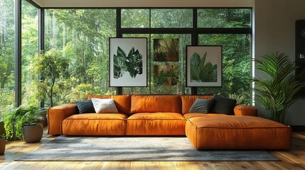 Modern Cozy Living Room with Brown Leather Sofa Warm Wooden Flooring and Ambient Lighting