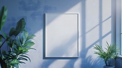 empty picture frame hanging on a blue wall. interior background.