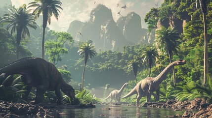 Naklejka premium A digital illustration of dinosaurs in a lush, tropical jungle.