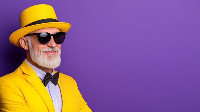 Man in a yellow suit and hat is smiling and wearing sunglasses