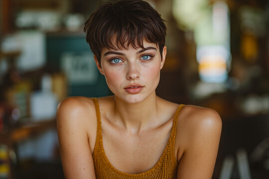 A woman with short brown hair and blue eyes sitting at a table