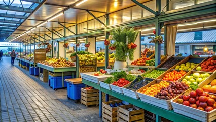 Fototapeta premium Indoor market hall, vibrant fruit and vegetable stalls, colorful produce displays, glass ceiling, warm lighting, spacious aisles, modern architecture