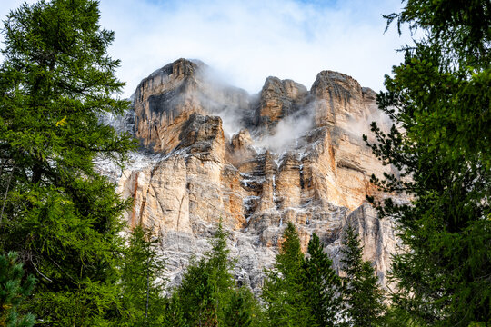 Misty mountain landscape in the Dolomites region, Italy