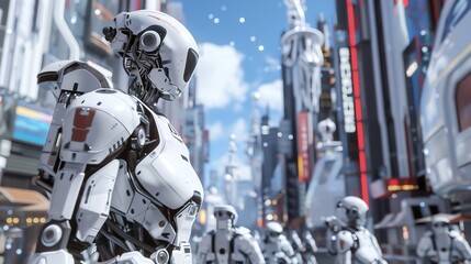 A white robot stands in a futuristic city.