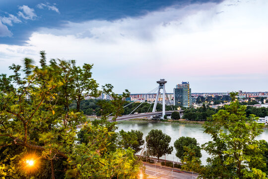 View of the Slovak National Uprising Bridge and UFO restaurant in Bratislava