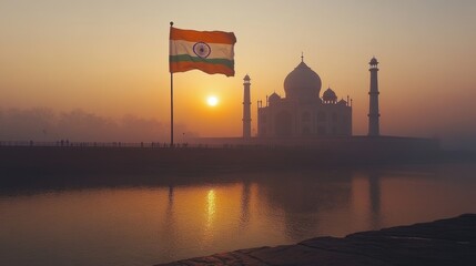 Iconic Taj Mahal stands silhouetted against fiery sunset, with fluttering Indian flag and serene reflection on the river.