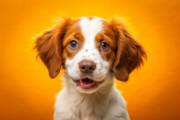 Adorable Brittany Spaniel Puppy with Big Brown Eyes and Fluffy White Fur Posing Against a Bright Yellow Background for Cheerful and Lively Food-Themed Photography