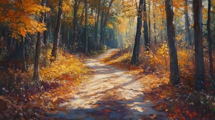 Obraz premium A picturesque trail winding through an autumn forest, with the ground covered in a blanket of colorful fallen leaves and sunlight filtering through the trees.