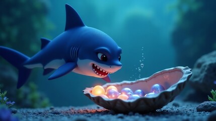 Obraz premium Playful cartoon baby shark discovers colorful pearls in an underwater treasure chest during a bright day in a vibrant ocean environment