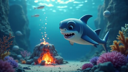 Fototapeta premium Colorful underwater scene with a cheerful baby shark exploring a vibrant coral reef near an underwater volcano