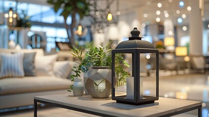 Interior shop display in a shopping center with living room decor, featuring a decorative lantern on a table