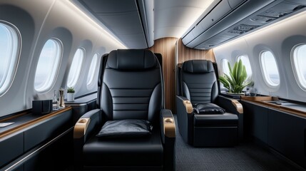 Luxurious Airline Cabin Interior Featuring Elegant Black Leather Recliner Seats and Modern Design Elements with Natural Light and Sophisticated Decor
