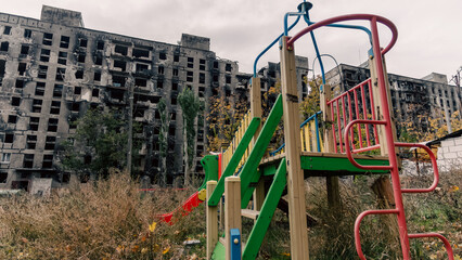destroyed and burned houses in the city in Ukraine