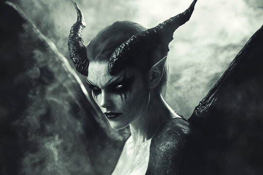 monochromatic fantasy portrait of a horned female demon with intense eyes and an ominous misty background
