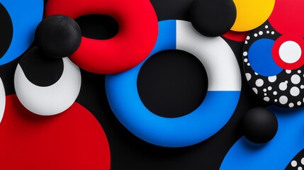 Colorful abstract design with a blue circle in the middle. The blue circle is surrounded by red and yellow circles