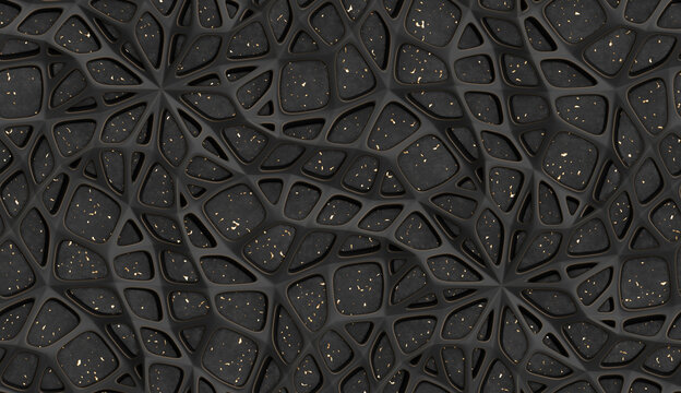 High-quality 3D wallpaper with a seamless, realistic texture in a stylized grid of black material on a black background with golden dots.