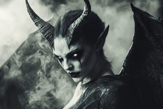 A monochrome close-up of a demon-like figure with sharp horns, glowing white eyes, bat-like wings, and a smoky mysterious background
- Powered by Adobe