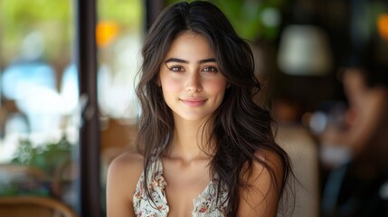 A woman with long hair is smiling at the camera