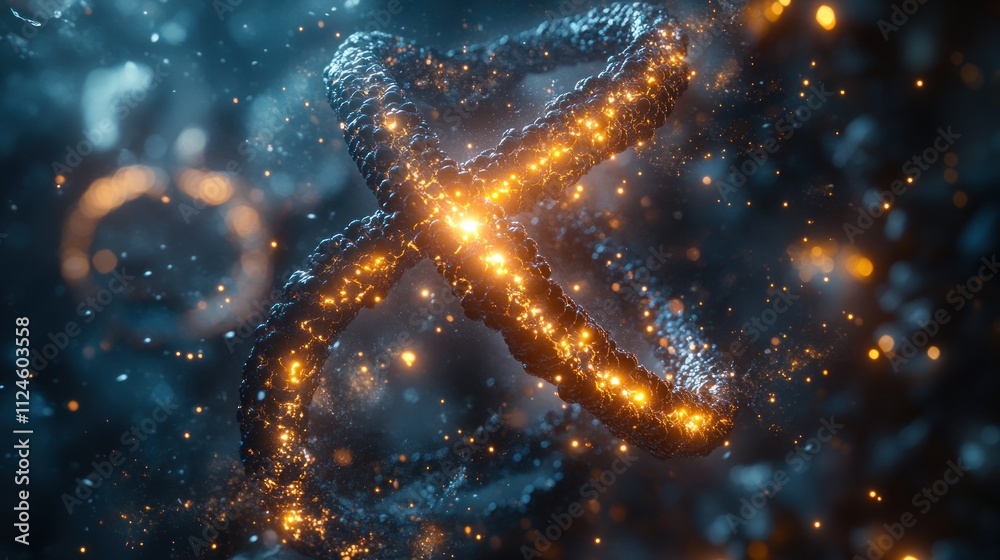 Poster abstract representation of glowing intertwined structures in space.