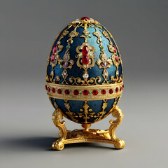 A luxurious 3D illustration of a Fabergé egg, reflecting the splendor of the Romanov era. The egg is intricately detailed with golden accents, delicate engravings, and encrusted gemstones, set against