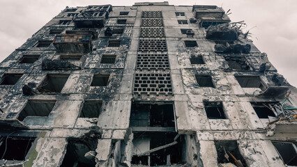 destroyed and burned houses in the city in Ukraine