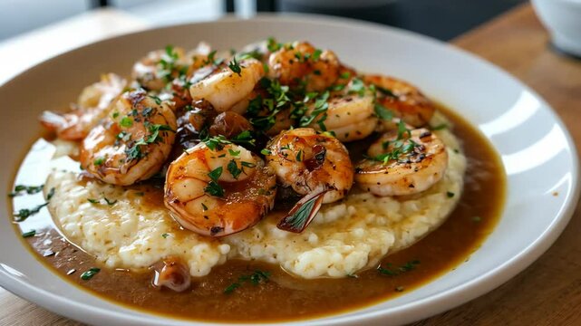Delicious shrimp and grits served in a white bowl, showcasing a perfect blend of flavors and textures in a trendy eatery