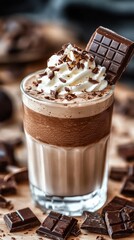 Chocolate Milkshake with Whipped Cream and Chocolate Shavings in Clear Glass