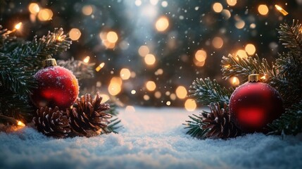 Cozy Winter Scene with Snow Covered Pine Branches Red Ornaments and Warm Golden Lights in a Magical Holiday Atmosphere