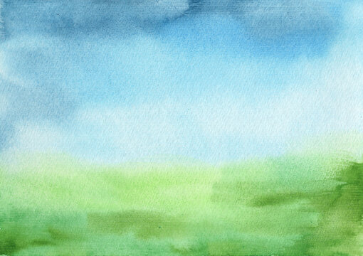 Abstract watercolor landscape with blue sky and green fields
