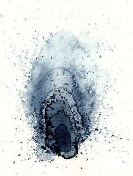 Abstract watercolor painting with blue splashes on white background