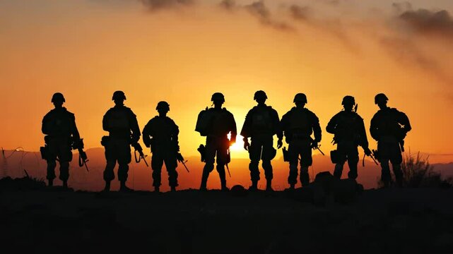 Silhouettes of soldiers standing at sunset in a desert landscape displaying unity and courage