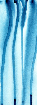 Abstract blue watercolor background with vertical brushstrokes and drips.