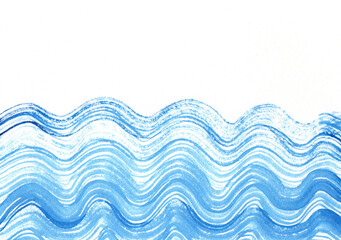 Watercolor painting of blue waves with a sea/ocean motif on a white background.