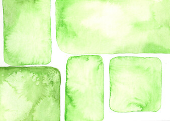 Abstract green watercolor textures with rectangular shapes, authentic painting on paper.