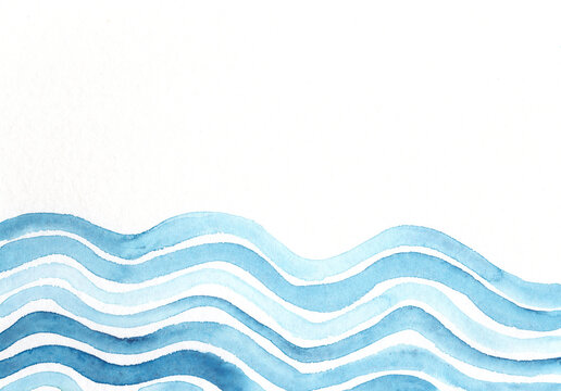 Abstract watercolor painting of blue waves on paper with a sea or ocean motif.