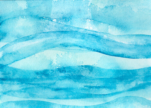 Blue watercolor waves in an abstract sea/ocean motif on paper.