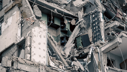 destroyed and burned houses in the city in Ukraine