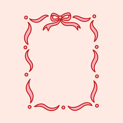 Frame of coquette charming bow and ribbon. Hand drawn holiday border. Vintage bowknot frame for greeting cards, wedding, invitations. Whimsical design