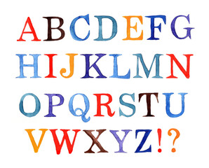Colorful handpainted watercolor uppercase alphabet.