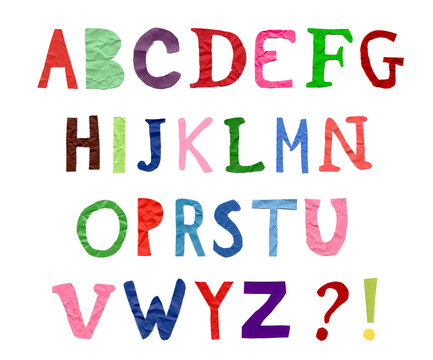 Colorful alphabet made of crumpled paper and punctuation marks.