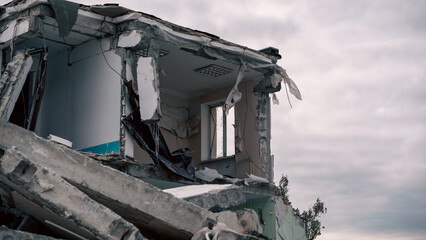 destroyed and burned houses in the city in Ukraine